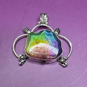 Rainbow Solar Quartz 925 Silver Plated Gemstone Pendant 1.8"